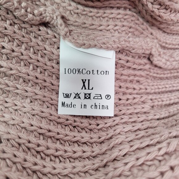 Cable-Knit Lace-Up Tunic Sweater V-Neck Long Sleeve Oversized Fit Pink X-Large - Picture 7 of 11